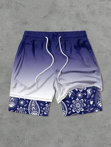 男士夏季度假风印花带衬里口袋双层沙滩短裤 - 彩色 - 查看 3