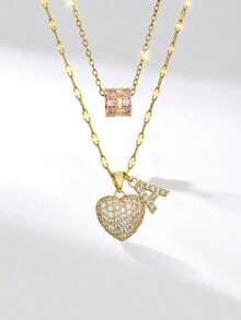 Bộ 2 món trang sức cao cấp, sang trọng, đính đá Zirconia hình trái tim và mặt dây chuyền chữ cái nhỏ, dây chuyền nhiều lớp bằng thép không gỉ, món quà lý tưởng dành cho bạn gái, mẹ, gia đình, bạn bè, trẻ em gái nhân dịp kỷ niệm, Ngày Valentine, sinh nhật. - Vàng - Xem 3