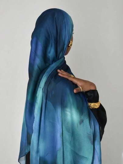 1pc Women's Bohemian Style Fashion Tie-Dye Satin Digital Print Headscarf/Hijab, Versatile Scarf For Casual Wear, Lightweight Breathable Skin-Friendly