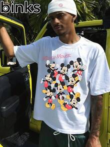 Disney Binks Mickey Mouse Retro Cartoon Printed Short Sleeved T-Shirt, High Street  Brand Loose Short Sleeved T-Shirt. Spring And Summer Fashionable Versatile Tops, Holiday Gifts, Vintage Prints. - trắng - Xem 2
