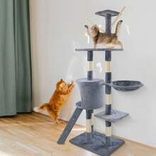 7Sevenjokers Multi-Tiered Large Cat Scratching Post, Height 139cm | Cat House With Platform And Hammock-Style Cat Bed | Activity Centre Featuring Four Sisal Scratching Posts | Light Grey Indoor Kitten Toy Tower - Cây leo cho mèo màu xám, cao 139cm. - Xem 3