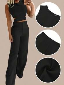 Women Casual Slim Fit Button-Up Suit Set, Modest - Black - View 3