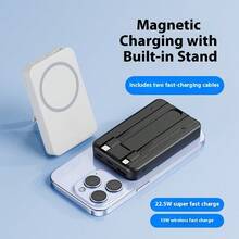 Sạc dự phòng không dây từ tính sạc nhanh với vòng MagSafe và chân đế gập 10000mAh, cáp USB-C tích hợp, hai cổng đầu ra, siêu nhỏ gọn, tương thích với iPhone 17/16/15/14/13 & Android. Món quà hoàn hảo cho gia đình, bạn bè trong dịp lễ, sinh nhật hoặc ngày Valentine. - trắng - Xem 2