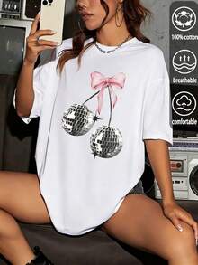 Disco Cherry Print, Women's Crew-Neck Oversized T-Shirt, Summer Holidays, Travel And The Beach, Casual, Sporty And Elegant - White - View 3
