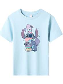Disney Stitch Birthday Cake Printed Pattern T-Shirts For Girls - Children's Clothing Design Short-Sleeved Casual And Cute Style Comfortable And Casual Wear All Year Round Suitable For Parties And Play Machine Washable Gift Children's Clothing Girls' Short-Sleeved Shirts - 淺藍色 - 查看 2