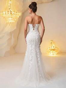 Allover Print Patchwork Party Ruffle Sequin Mesh Patchwork Formal Evening Strapless Dress Wedding White Spring - White - View 3