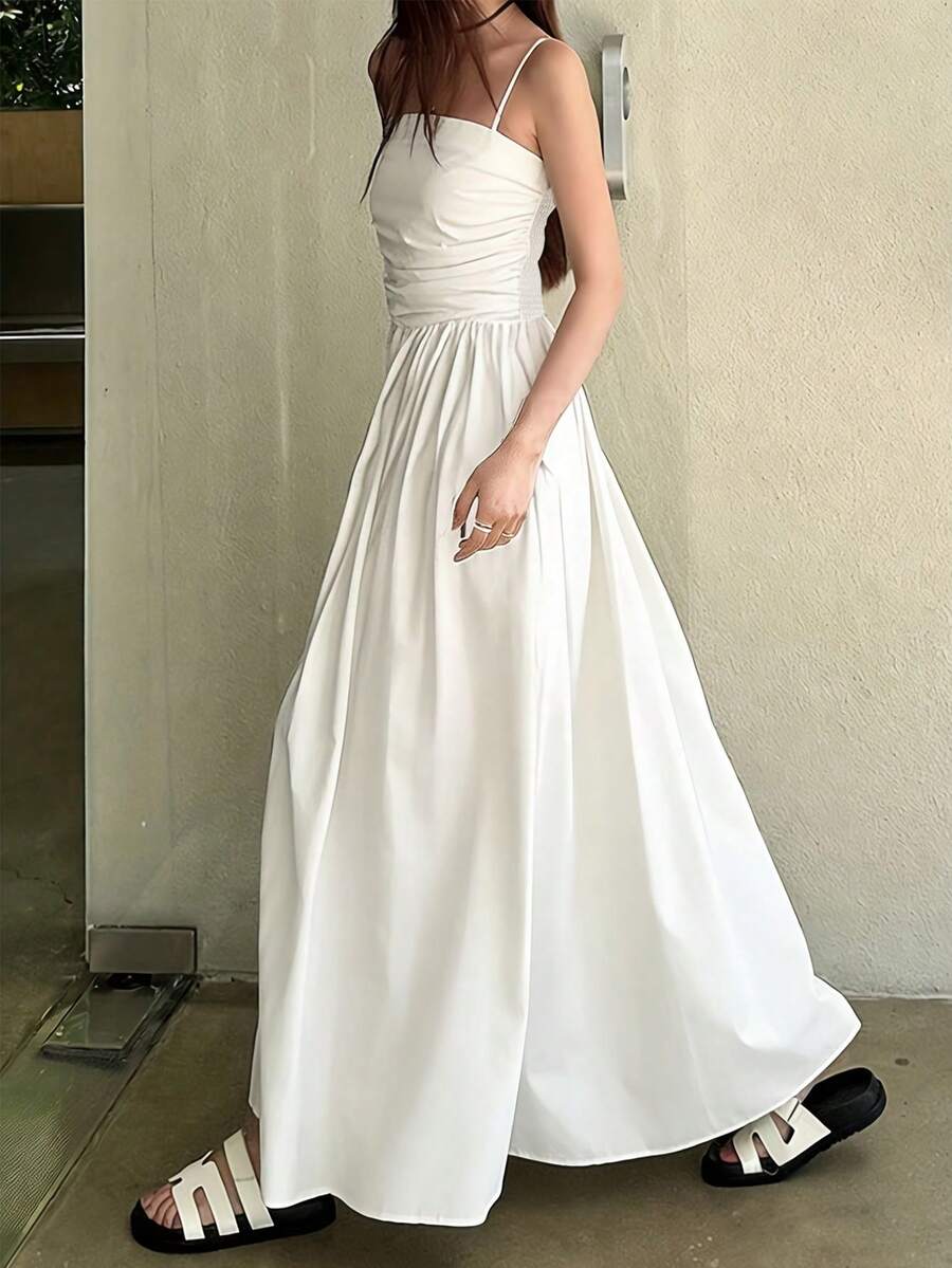 Vestido elegante de unicolor con cintura fruncida, vestido con tirantes finos y espalda descubierta favorecedora para vacaciones y fiestas, blanco de verano - Blanco - Ver 1