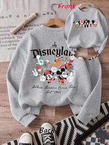 1pc Disney Mickey Mouse & His Pals Vibrant Disneyland "Where Dreams Come True" Gathering Print Tween Girls Retro Sweatshirt, Soft & Versatile, Perfect For Park Visits & Casual Outings - 灰色 - 查看 1