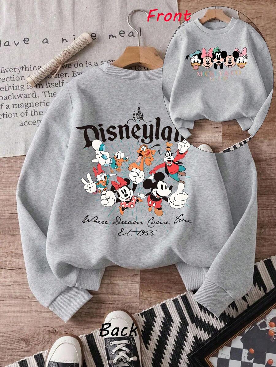 1pc Disney Mickey Mouse & His Pals Vibrant Disneyland "Where Dreams Come True" Gathering Print Tween Girls Retro Sweatshirt, Soft & Versatile, Perfect For Park Visits & Casual Outings - Xám - Xem 1