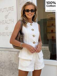 Áo nữ không tay tối giản thanh lịch màu trắng, cài cúc phía trước, chi tiết kim loại, cổ tròn, 100% cotton, thích hợp mặc đi làm hàng ngày vào mùa hè. - trắng - Xem 5