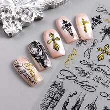 Cross-Shaped Gold & Silver Punk Style Nail Stickers, Waterproof Self-Adhesive Disposable Nail Stickers With Special Fonts And Patterns, Suitable For Natural Nails/Manicure - Multicolor - View 6