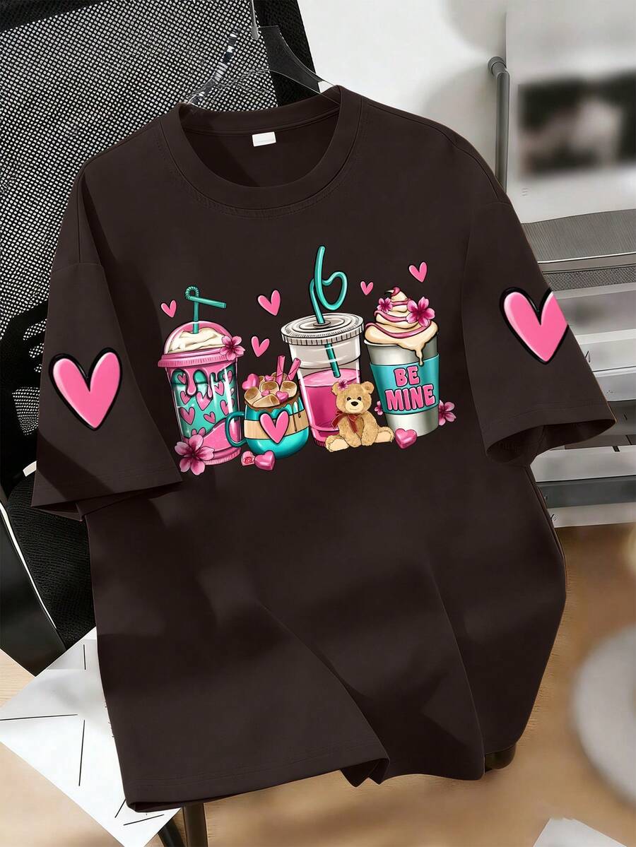 Sweet Dessert & Heart Print Round Neck T-Shirt, Soft & Comfortable Casual Top For Teenage Girls, Summer - Brown - View 1