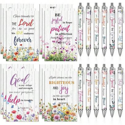 Notebooks And Pens Set - 24 Pcs Scripture Ballpoint Pens And Bible Notepads Set Flower  Inspirational Chris 1tian Gift Bulk For Pastor Women Sunday Schoolsss Teacher