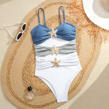 One-Piece Swimsuit With A Metallic Starfish Design Cutout At The Waist, Featuring Spaghetti Straps, In A Solid Color, Perfect For The Beach And Vacations, A New Summer Style. - Màu xanh lam - Xem 2