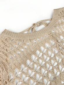 女士春夏沙滩连衣裙，波西米亚性感镂空露背长袖钩针编织罩衫沙滩度假连衣裙 - 杏色 - 查看 6