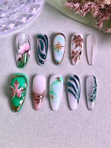 10PCS Women Nails Press On Nails Handmade Summer Nails Pink Green Floral Gold Line Design Acrylic Material Reusable Easy Apply Remove Ins Style Handmade Press On Nail Set With Nail Charms Nail Glue Nail Stickers - Multicolor - View 3