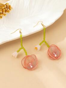 1 Pair Cute Beach Vibe Glass Beaded Pink Flower Dangle Earrings, Suitable For Beach Vacation, Elegant Women, Wedding, Engagement, Casual Holiday, Honeymoon, Summer Wear - Pink - View 3