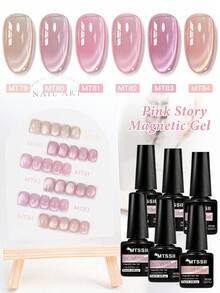 Mtssii 6pcs 7ml Nude Pink Gold Light Cat Eye Gel Nail Polish Set , Pink Story Glass Beads Effect Cat Magnetic Gel Polish , Semi Permanent Soak Off UV Gel Varnish For Valentines Nails, Manicure Nail Art DIY For Home And Salon Nail Supplies - 彩色 - 查看 12