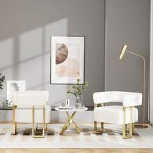 Modern White Boucle Dining Chairs Set Of 4 With Gold Metal Legs, Mid Century Barrel Kitchen Chairs Set, Upholstered Accent Armchairs Dining Room Table Set, Living Room, Apartment (White, 4pcs) - 白色 - 查看 7