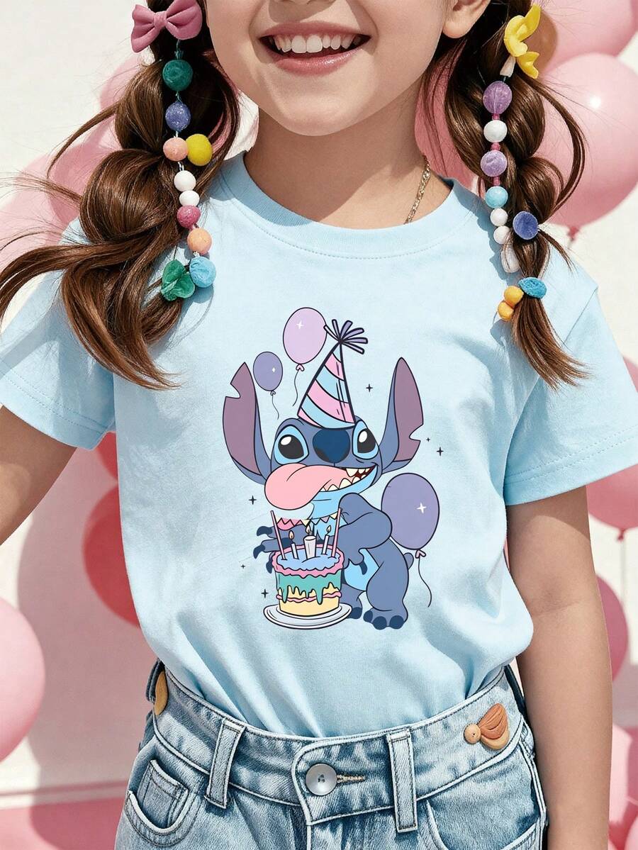 Disney Stitch Birthday Cake Printed Pattern T-Shirts For Girls - Children's Clothing Design Short-Sleeved Casual And Cute Style Comfortable And Casual Wear All Year Round Suitable For Parties And Play Machine Washable Gift Children's Clothing Girls' Short-Sleeved Shirts - 淺藍色 - 查看 1