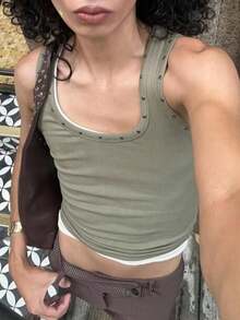 Womens Sleeveless Studded Tank Top Scoop Neck Ribbed Fitted Tank Summer Basic Cute Going Out Tops Streetwear - 軍綠色 - 查看 2