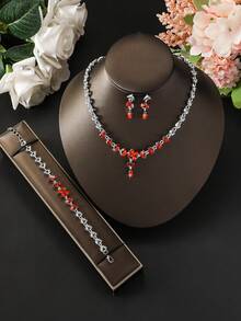 4pcs/Set Bridal Earrings, Leaf & Teardrop Necklace Jewelry Set For Wedding Dress, Party - Multicolor - View 16