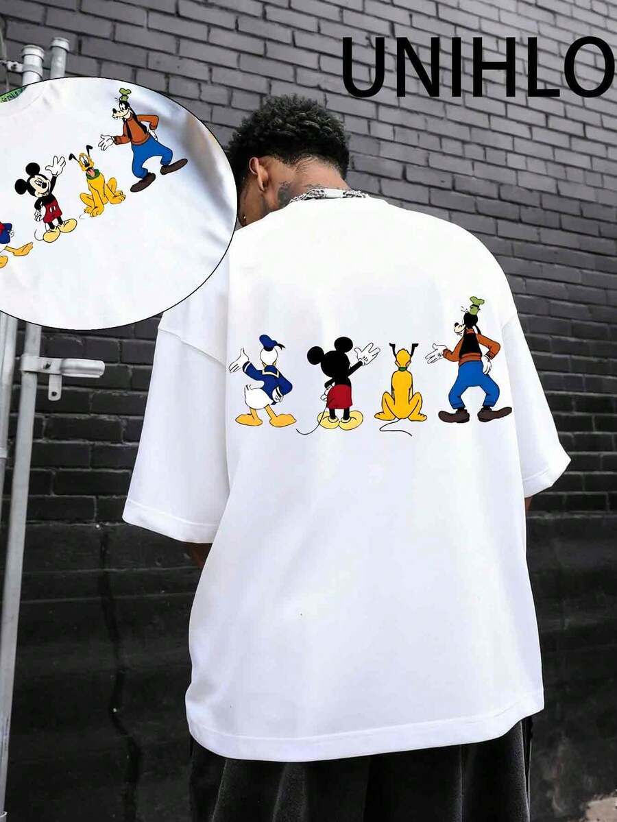 Disney UNIHLO  Street Life Men's Casual Loose   Mickey    Cartoon  Print Short Sleeve T-ShirtSummer - White - View 1