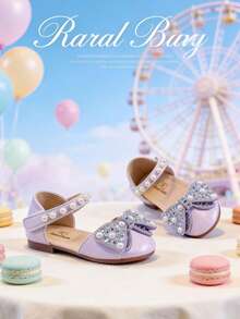 1 par de sandalias planas de estilo princesa con decoración de perlas y lazo de strass, cómodas y con estilo, adecuadas para fiesta, boda y verano - Morado - Ver 3