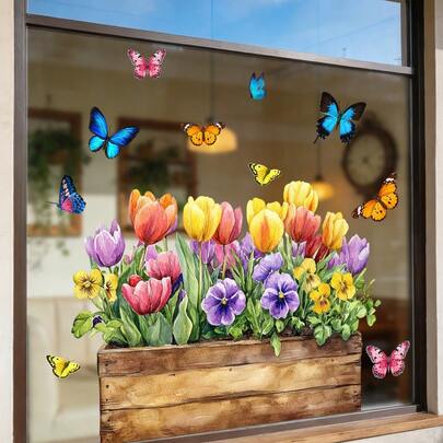 1/2pcs Electrostatic Adsorption Window Cling. Removable Waterproof PVC. Colorful Flowers Design. Suitable For Girl's Bedroom And Home Decoration.