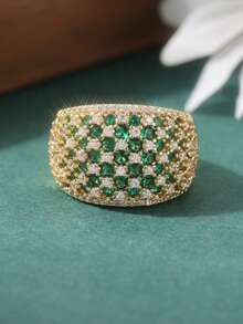 奢华复古金色铜质宽戒圈戒指，镶嵌闪亮绿色合成锆石，优雅永恒的女士戒指，完美贴合 - 綠色 - 查看 4