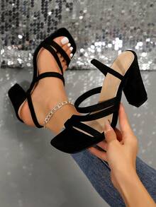 New European And American Style Versatile Minimalist Fashion Thick-Heel Sandals, Classic Square-Toe High-Heel Sandals - màu đen - Xem 14