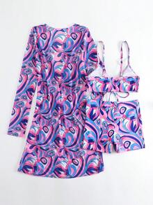 3-Piece Bikini Set: Kimono, Shorts, Top, Beach Cover-Up - Purple - View 5