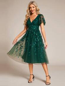 EVERPRETTY 春夏优雅蝴蝶袖亮片花卉婚礼宾客礼服，深绿色正式晚礼服，适合派对、宴会和度假场合 - 墨綠色 - 查看 5