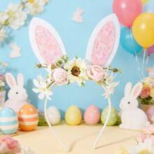 1 Set Fresh Cream Flower & Pink Lace Textured Glitter Easter Headband, Popular For Party, Vacation, Photo Shoot - Multicolor - View 5