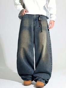 1pc Casual Loose Fit Straight Leg Jeans, Unisex Couple Style - Dusty Blue - View 2