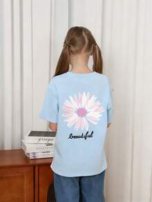 Tween Girl Floral Print Round Neck T-Shirt, Summer Top - Baby Blue - View 5