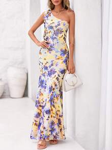 Womens Summer One Shoulder Maxi Dress Floral Sleeveless Bodycon Mesh Long Formal Wedding Guest Dresses - Apricot Base With Blue Flowers - View 1