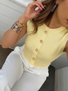 Áo khoác dệt kim nữ cài một hàng khuy bằng kim loại, kiểu dáng thường ngày, thích hợp cho kỳ nghỉ biển. - Màu vàng - Xem 2