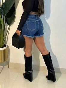 Party Ready Women Denim Distressed Shorts With Zipper Fastening And Medium Stretch Fabric - Blue - View 2