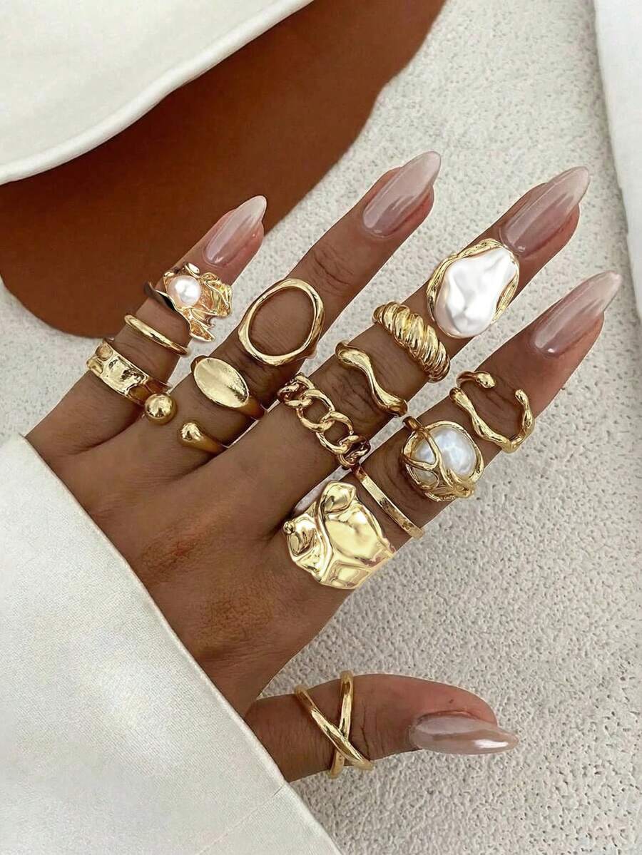 15 Peças Conjunto de Anéis Dourados Femininos, Design Elegante Minimalista e Vintage na Moda, Formas Geométricas Assimétricas, Anéis Grossos de Metal Líquido Texturizado com Pérola Falsa, Adequado para Férias, Festa, Encontro, Uso Diário, Presente - Ouro amarelo - Visão 1