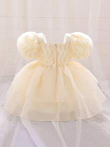 Baby Girls' Square Neck Ruffle Organza Cute Minimalist Princess Dress, Suitable For 1st Birthday Party, Wedding, Banquet, Vacation, Photo Shoot, Excluding Headband - Champagne - View 4