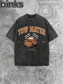 Disney Binks (Double-Sided Printing): Cars Mobilization Board Tooth Trailer Element Cartoon Print Retro Distressed Washed Short Sleeved T-Shirt, High Street  Brand Loose Short Sleeved T-Shirt. Spring And Summer Fashionable Versatile Top, Holiday Gift, Vintage Print. - màu đen - Xem 2