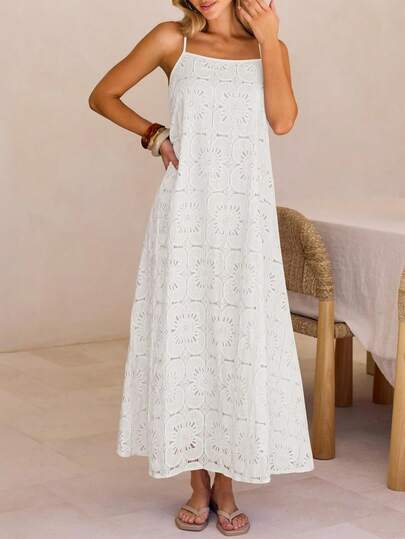 Women's White Hollow Out Long Slip Dress,Square Neck Loose Sleeveless A-Line Dress For Parties And Dates Wear Vacation Outfits Women