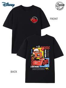 Disney Authorized Lightning McQueen Shirt, Retro Car Movie T-Shirt, Pixar Need For Speed T-Shirt, Streetwear, 220g Pure Cotton Disney Printed Round Neck Short Sleeved T-Shirt, Unisex T-Shirt, Disney Family Travel Vacation Gift Shirt, Racing Enthusiast, Comfortable T-Shirt - 黑色 - 查看 3