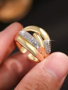 1 Peça Anel Feminino Glamoroso de Estilo do Oriente Médio com Duas Cores Geométricas e Zircônia Cúbica, Joia de Cobre para Presente de Aniversário, Aniversário de Casamento da Esposa e Festa da Mãe - Ouro amarelo - Visão 3
