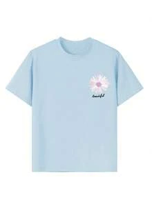 Tween Girl Floral Print Round Neck T-Shirt, Summer Top - Baby Blue - View 9