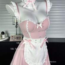 Playfully Seductive Maid Nightie With Padded Bust Design & Adjustable Thin Straps, Offering A "Pure Desire" Aesthetic With Enhanced Support For Romantic Honeymoon Roleplay, Valentine's Dates & Intimate Evenings. - 粉紅色[髮帶+頸環+洋裝+圍裙+T卹褲] - 查看 5