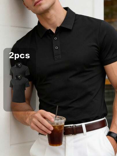 Men's Solid Color Short Sleeve Casual Commuter Polo Shirt, Suitable For Golf Sports, Black Polo Shirt
