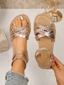 Sandal Kasual Wanita Model Baru Musim Panas Warna Rose Gold, Serbaguna, Minimalis, Ringan, Nyaman, dengan Ujung Bulat dan Terbuka. - Rose Gold - View 1