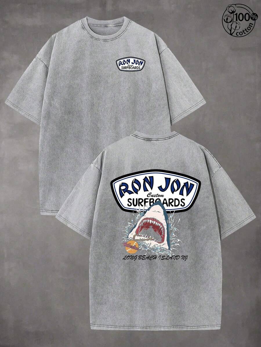 Vintage Washed Rons Jon Surf Shop Long Beach Island Shark Graphic T-Shirt, 100% Cotton Oversized Short Sleeve Tee, Retro Surf Style - 灰色 - 查看 1
